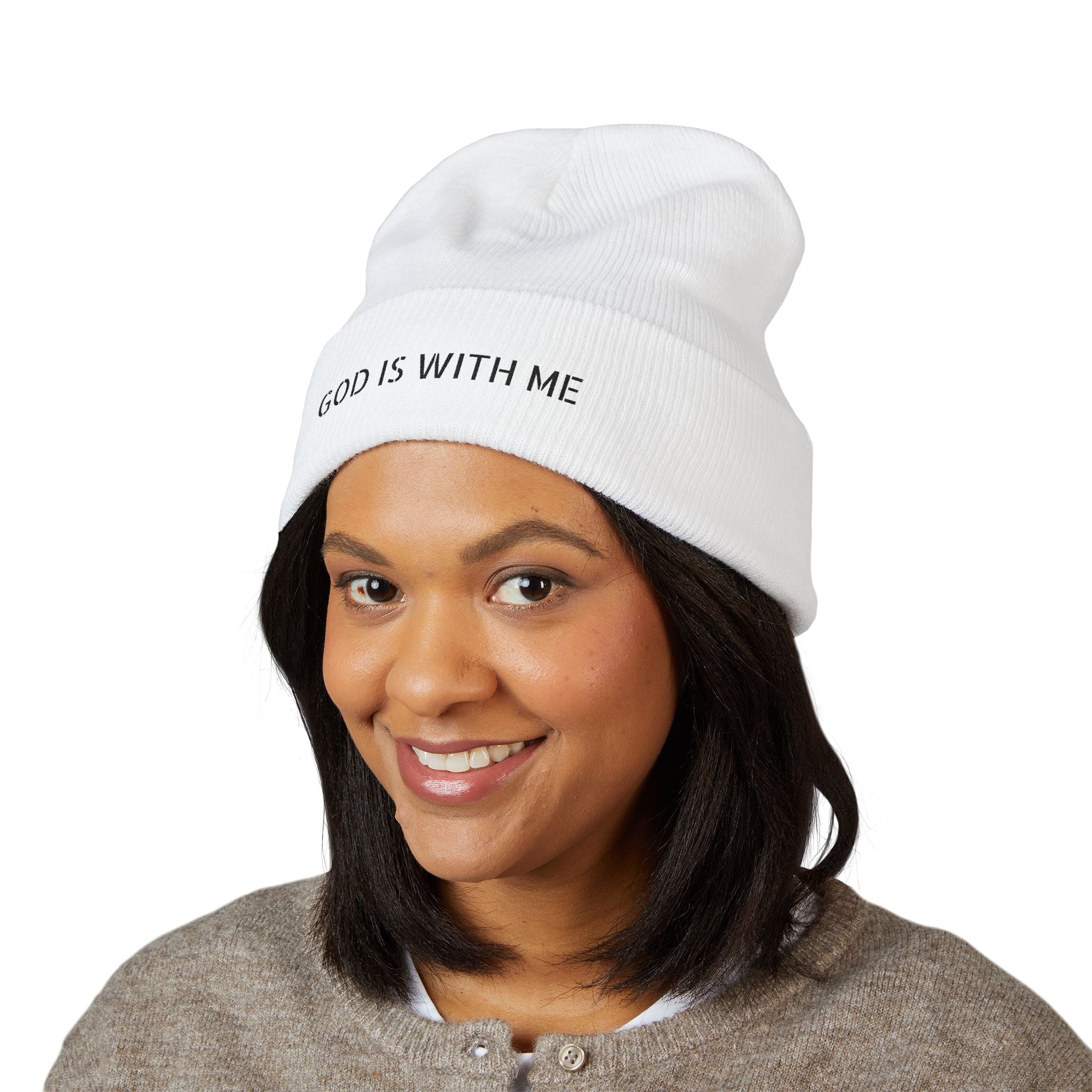 Embroidered 'God Is With Me' Cuffed Beanie