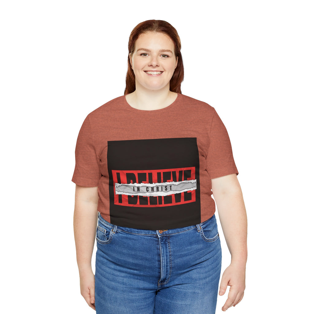 I Believe graphic tee | T-Shirt, bold red typography with distressed tape