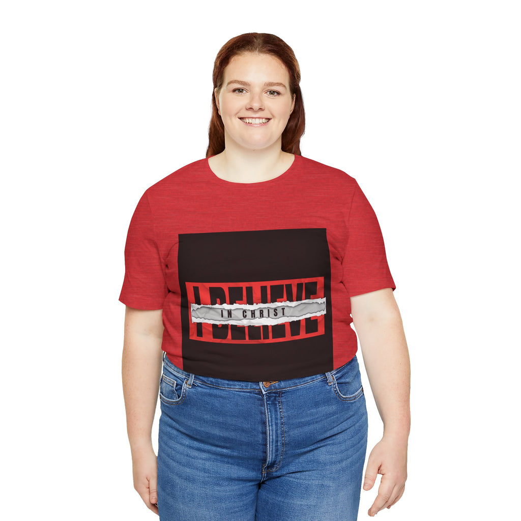I Believe graphic tee | T-Shirt, bold red typography with distressed tape