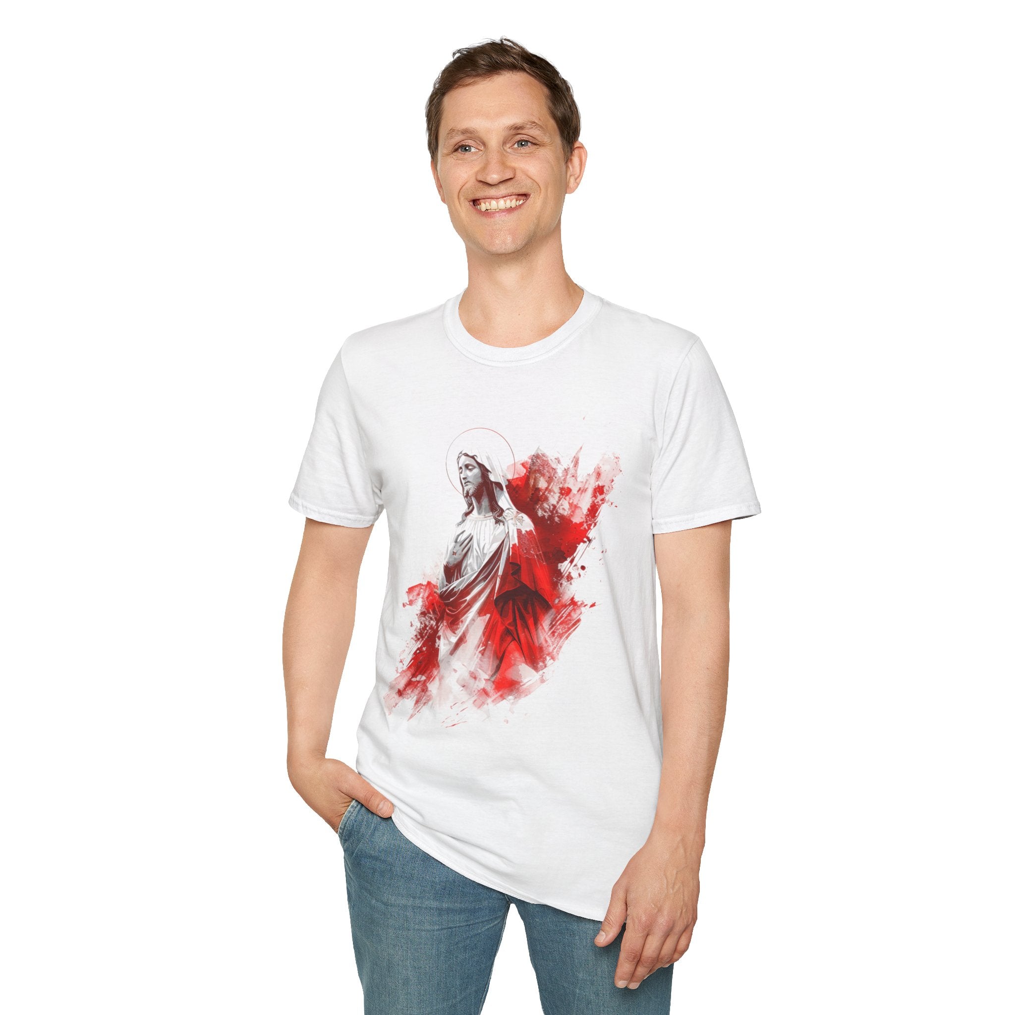 Jesus Watercolor T-Shirt — Red Abstract Sacred Heart Graphic Tee