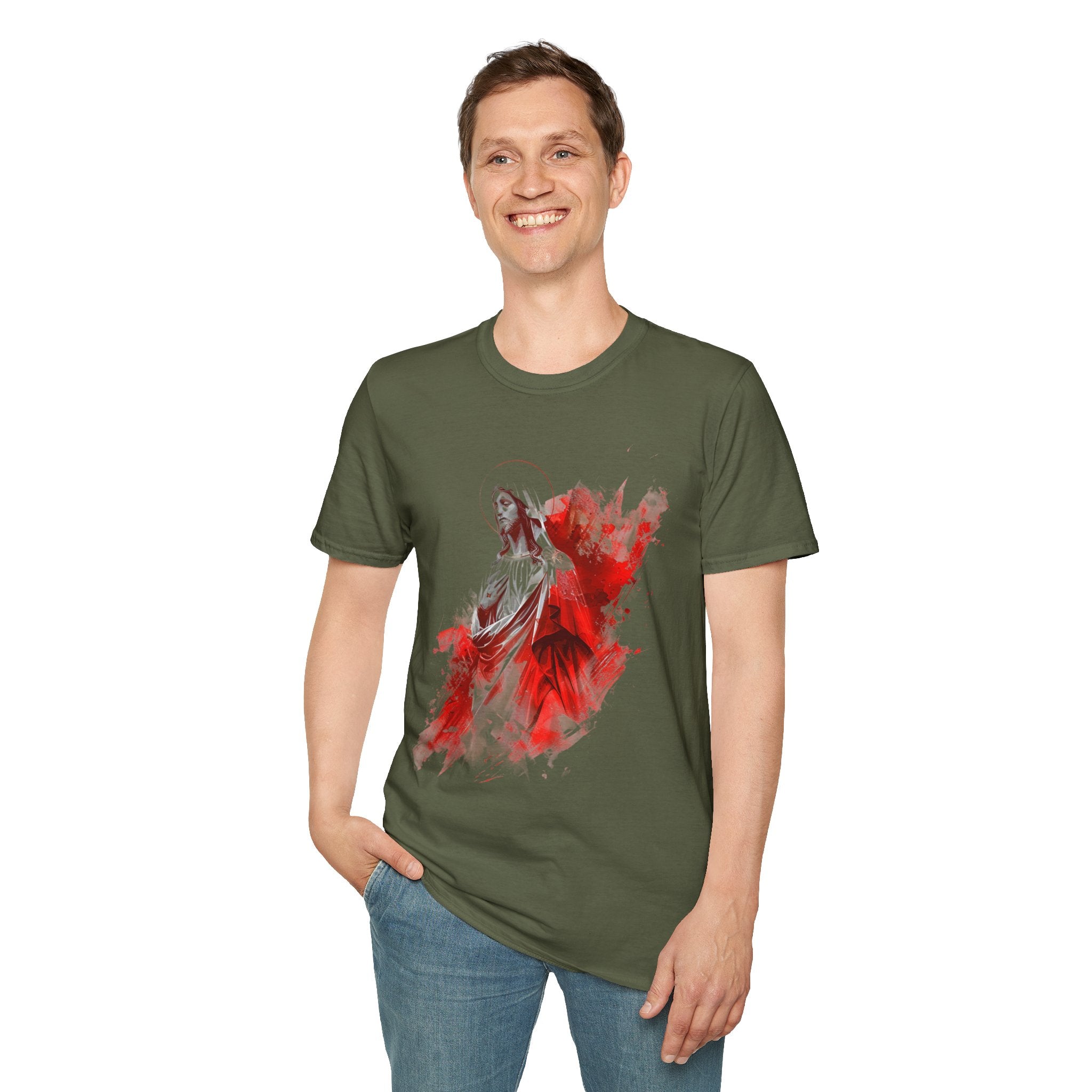 Jesus Watercolor T-Shirt — Red Abstract Sacred Heart Graphic Tee