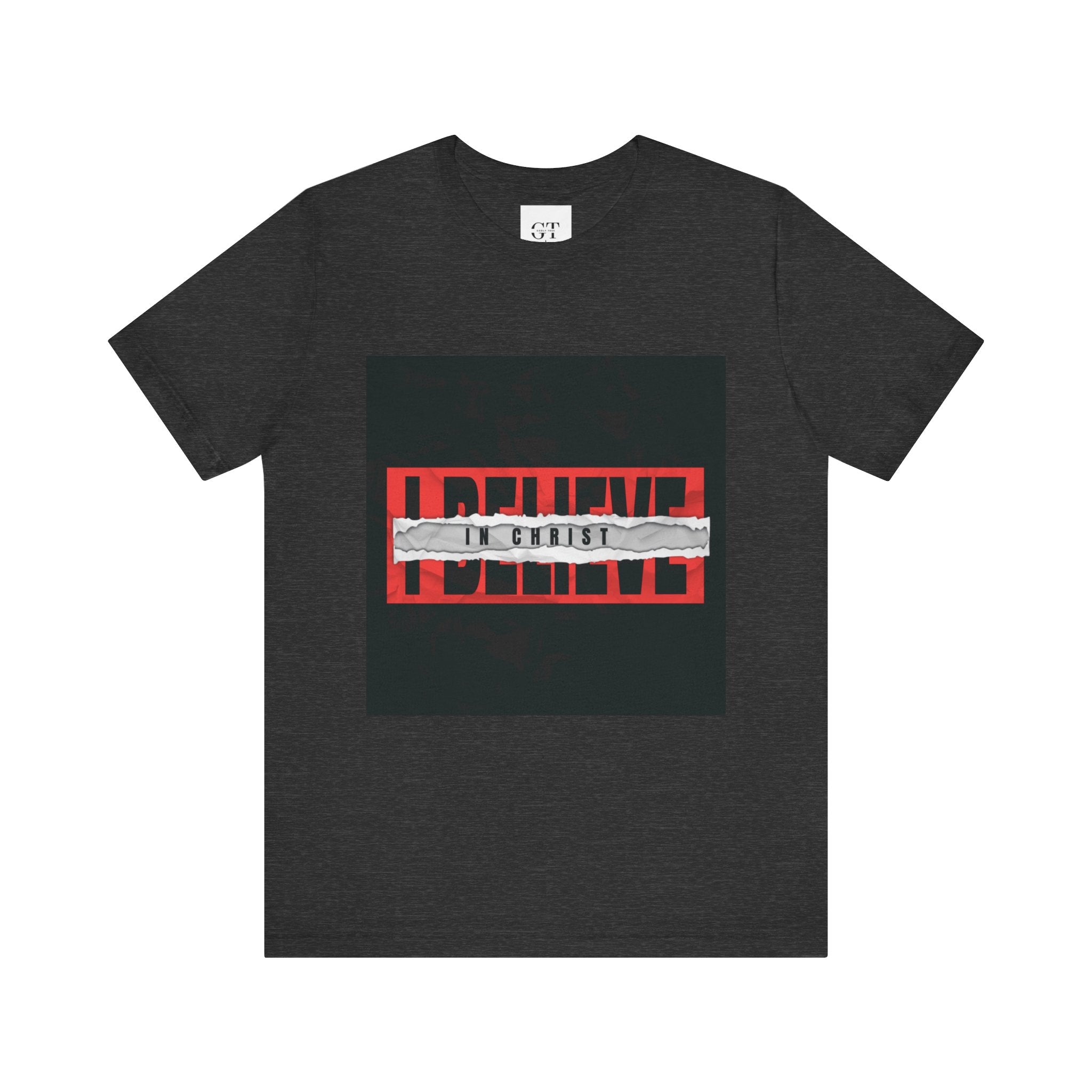 I Believe graphic tee | T-Shirt, bold red typography with distressed tape