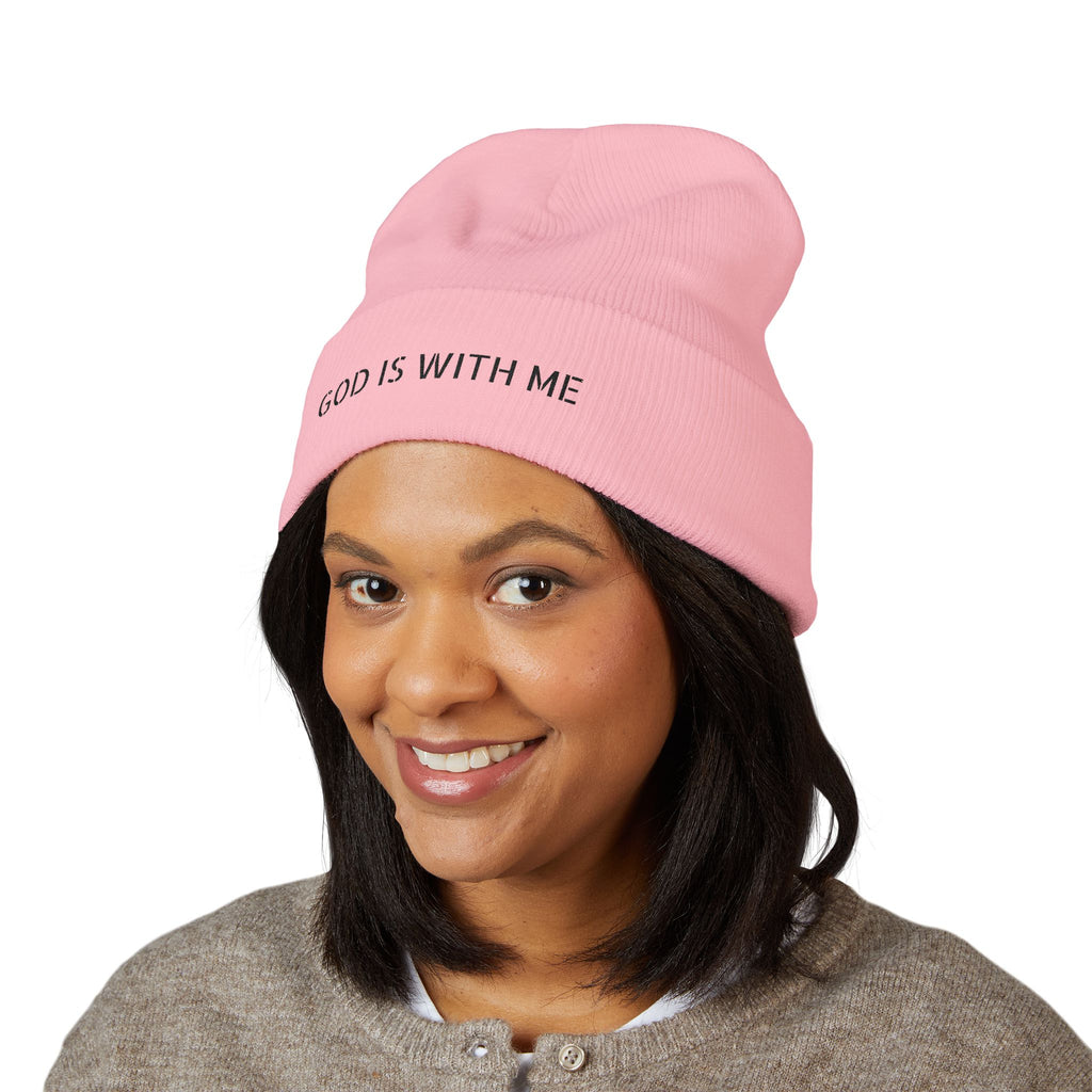 Embroidered 'God Is With Me' Cuffed Beanie