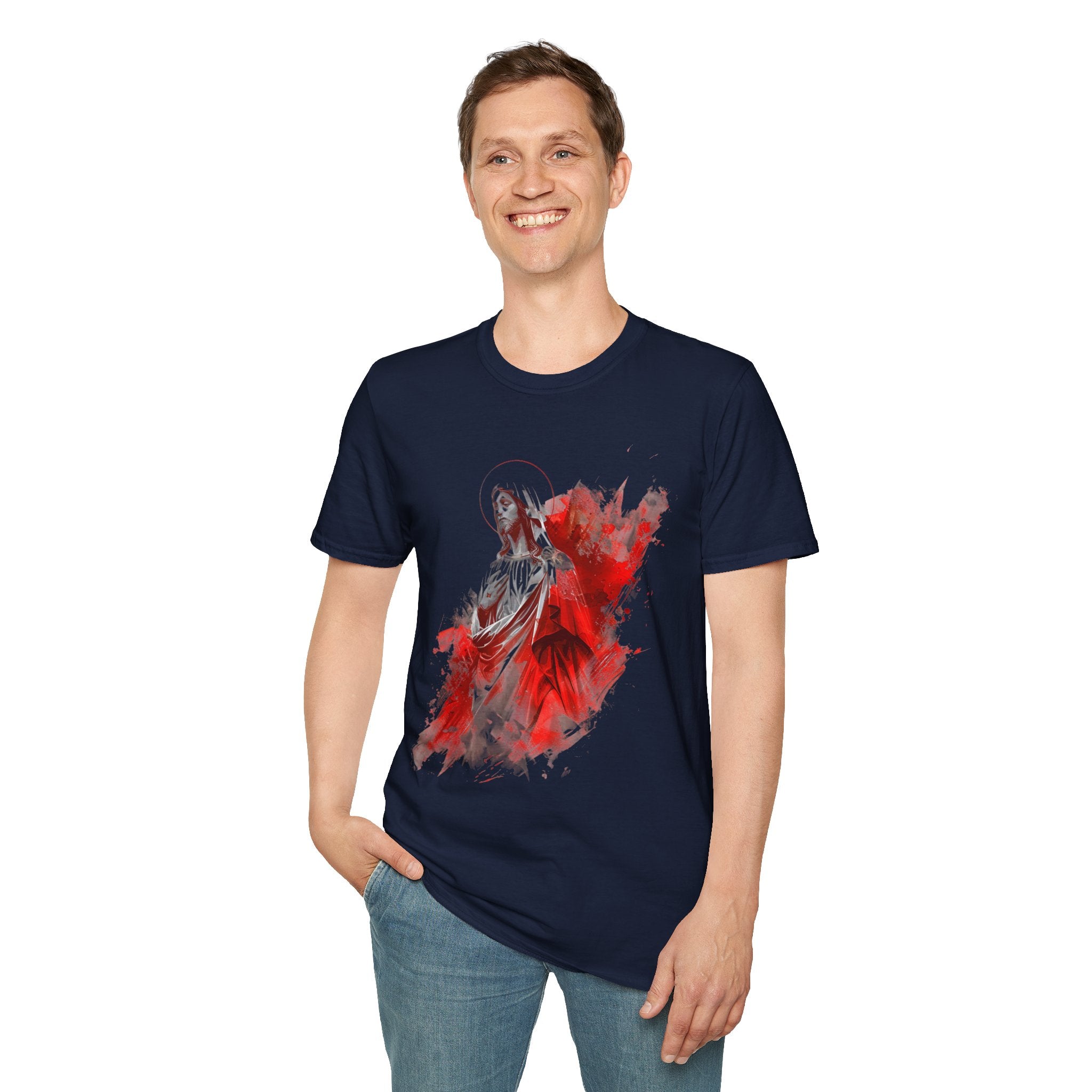 Jesus Watercolor T-Shirt — Red Abstract Sacred Heart Graphic Tee