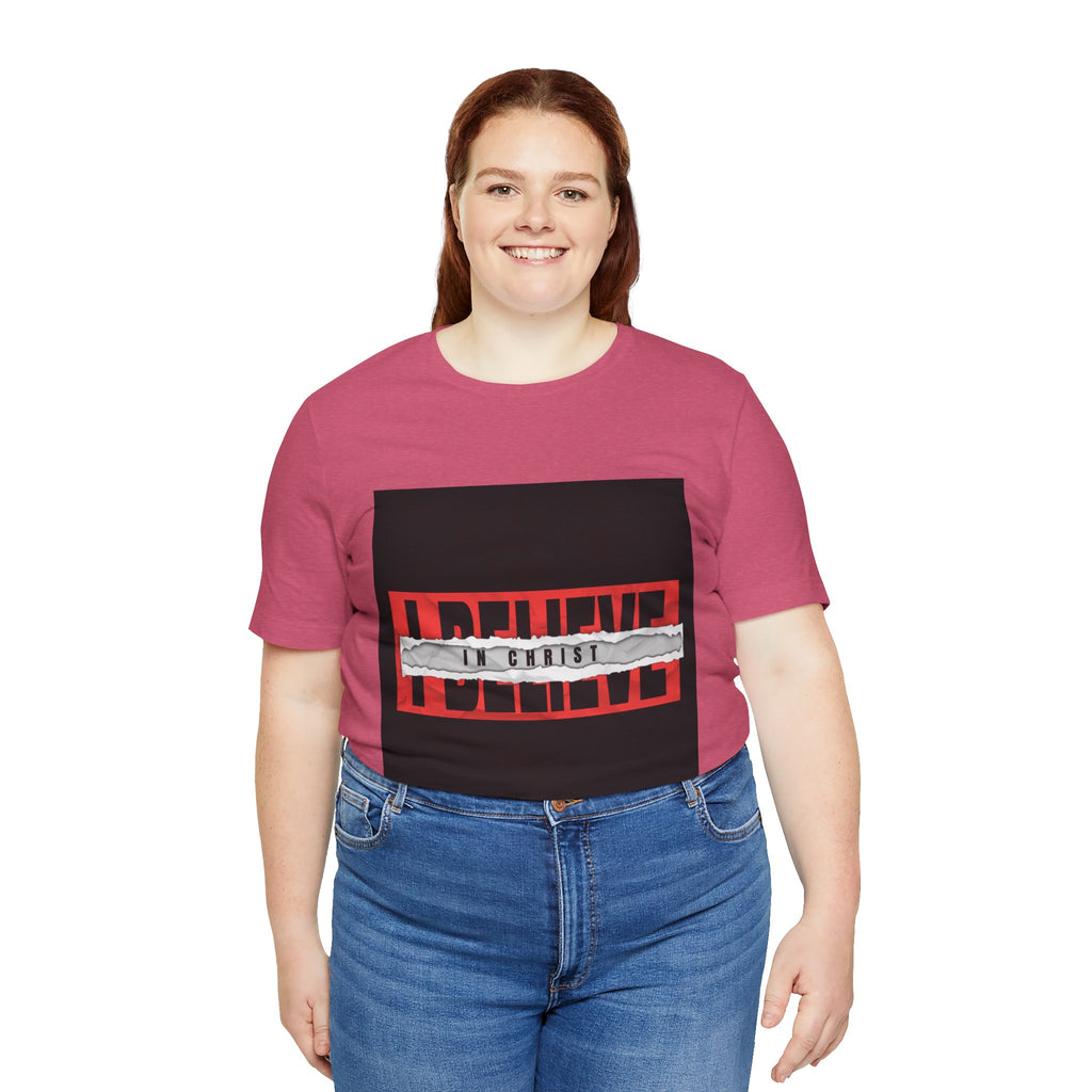 I Believe graphic tee | T-Shirt, bold red typography with distressed tape