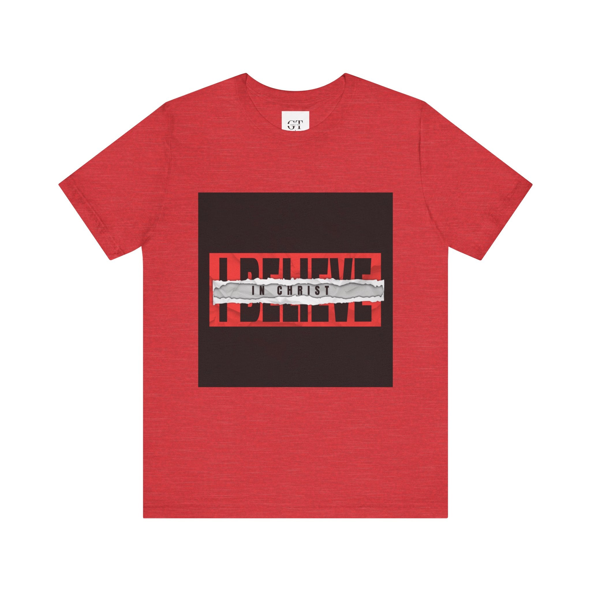 I Believe graphic tee | T-Shirt, bold red typography with distressed tape