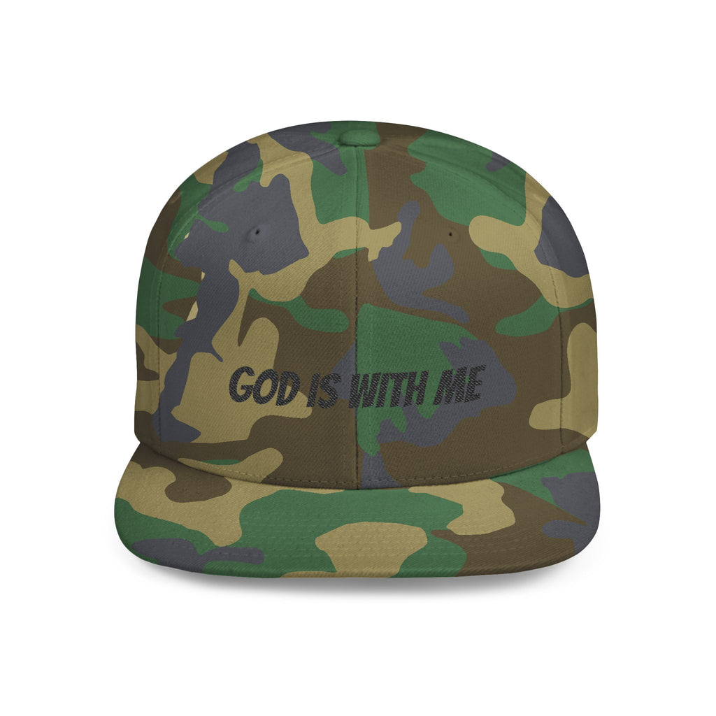 God Is With Me Flat Bill Snapback Hat — Christian Faith Embroidered Cap