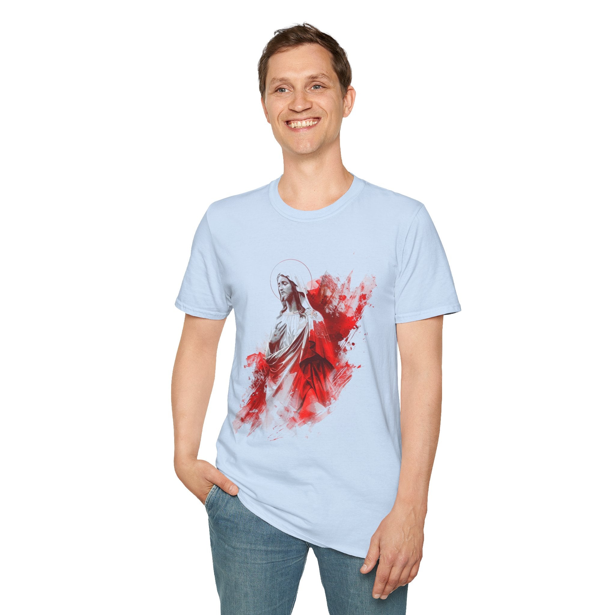 Jesus Watercolor T-Shirt — Red Abstract Sacred Heart Graphic Tee