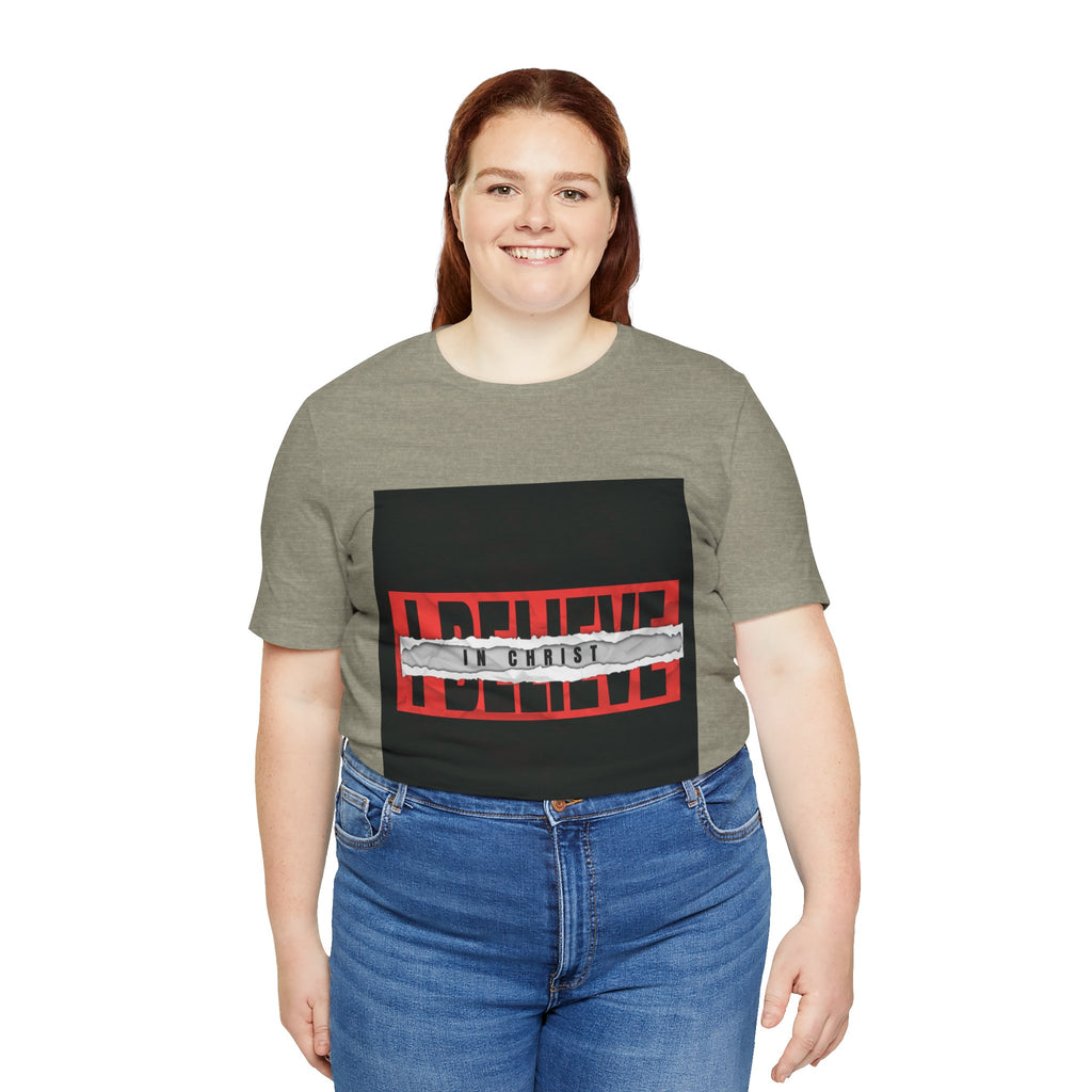 I Believe graphic tee | T-Shirt, bold red typography with distressed tape
