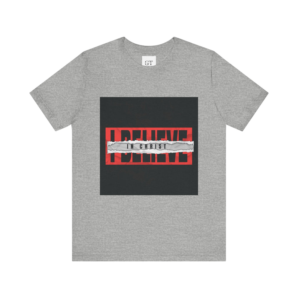 I Believe graphic tee | T-Shirt, bold red typography with distressed tape