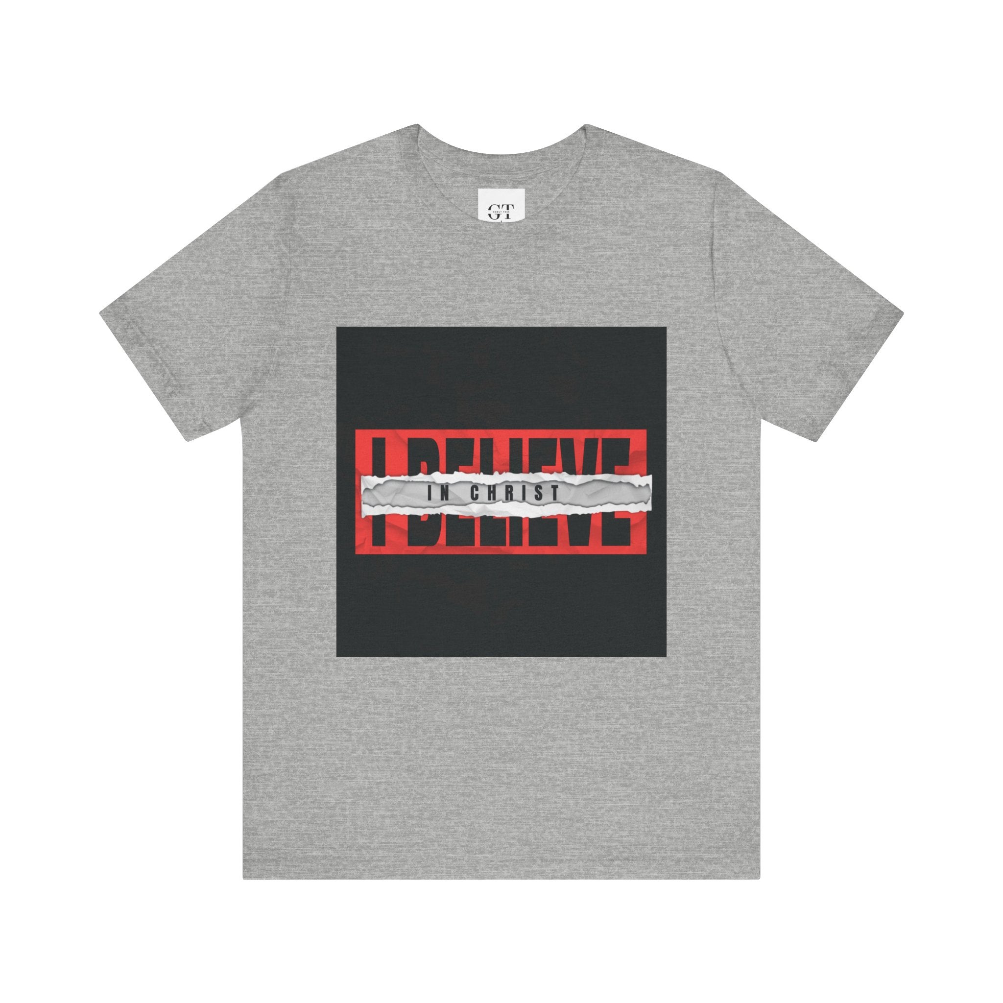 I Believe graphic tee | T-Shirt, bold red typography with distressed tape