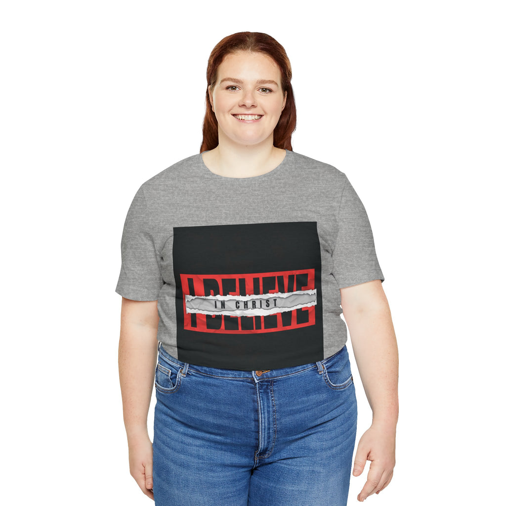 I Believe graphic tee | T-Shirt, bold red typography with distressed tape