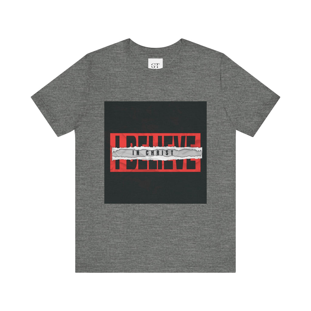 I Believe graphic tee | T-Shirt, bold red typography with distressed tape