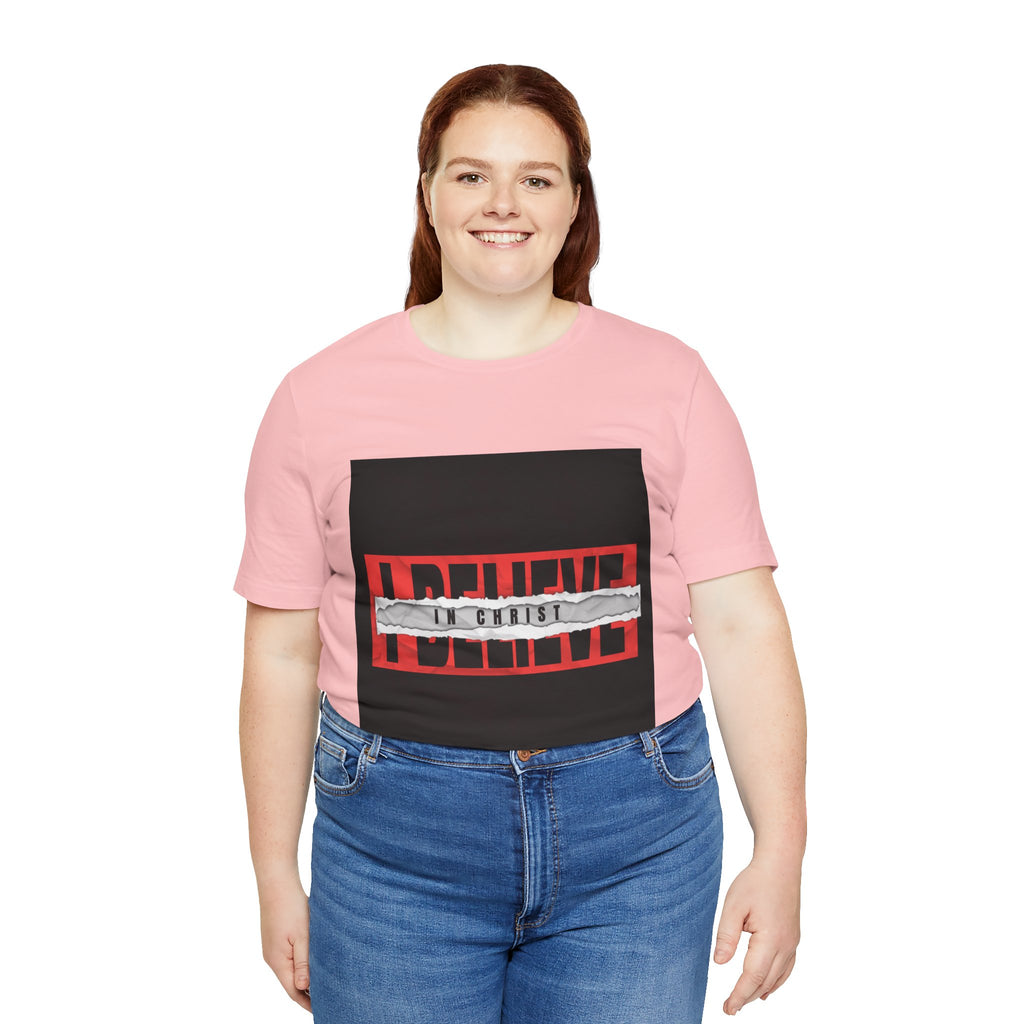 I Believe graphic tee | T-Shirt, bold red typography with distressed tape